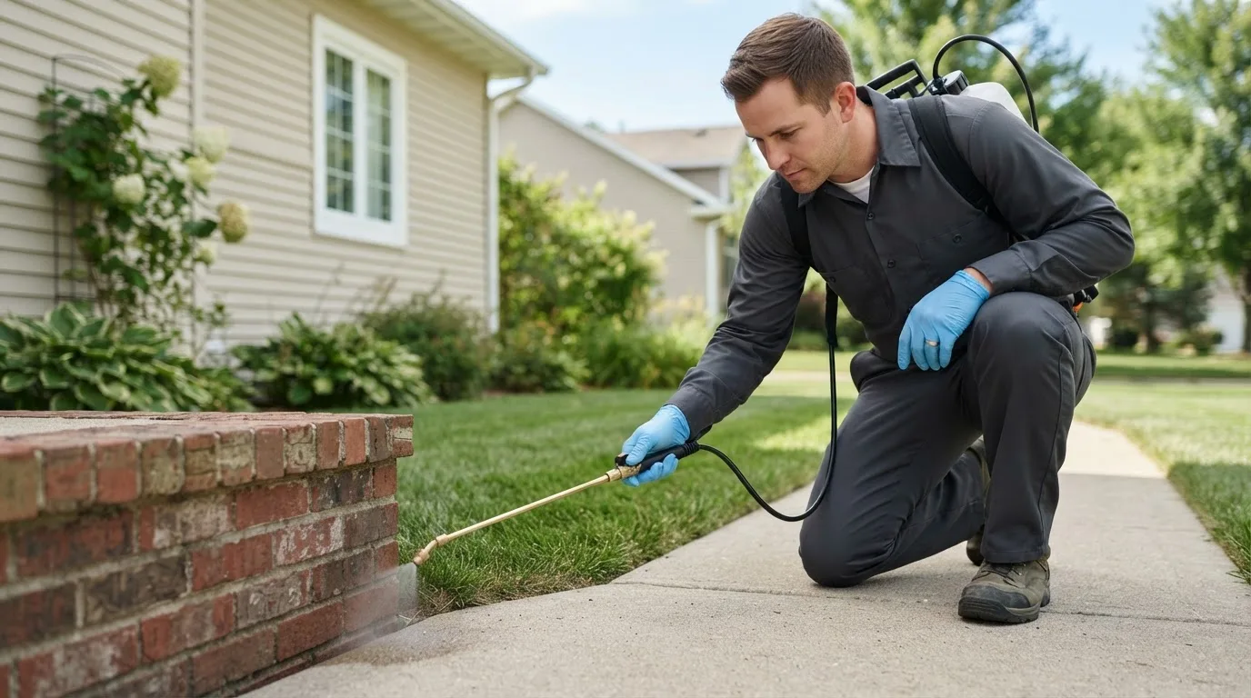 Pest control technician treating a home near Cotulla, TX